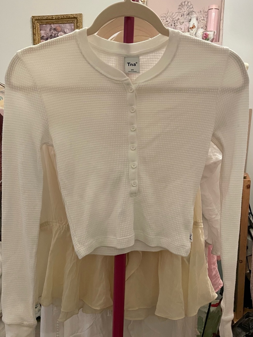 TNA White Waffle Henley Long Sleeve Top - Button Front